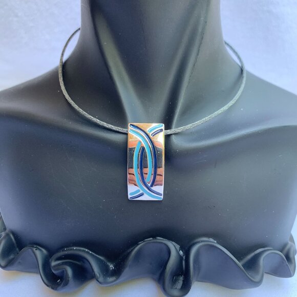 Silver-Tone Abstract Pendant With Blue Enamel Design - Picture 4 of 10